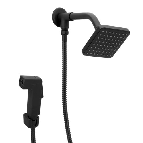 7735 7735 - Chuveiro Flat Quadrado Preto com Desviador Redondo e Gatilho Quadrado